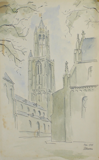 W. Marres waterverftekening, St. Janskerk te Maatricht, mei 1947